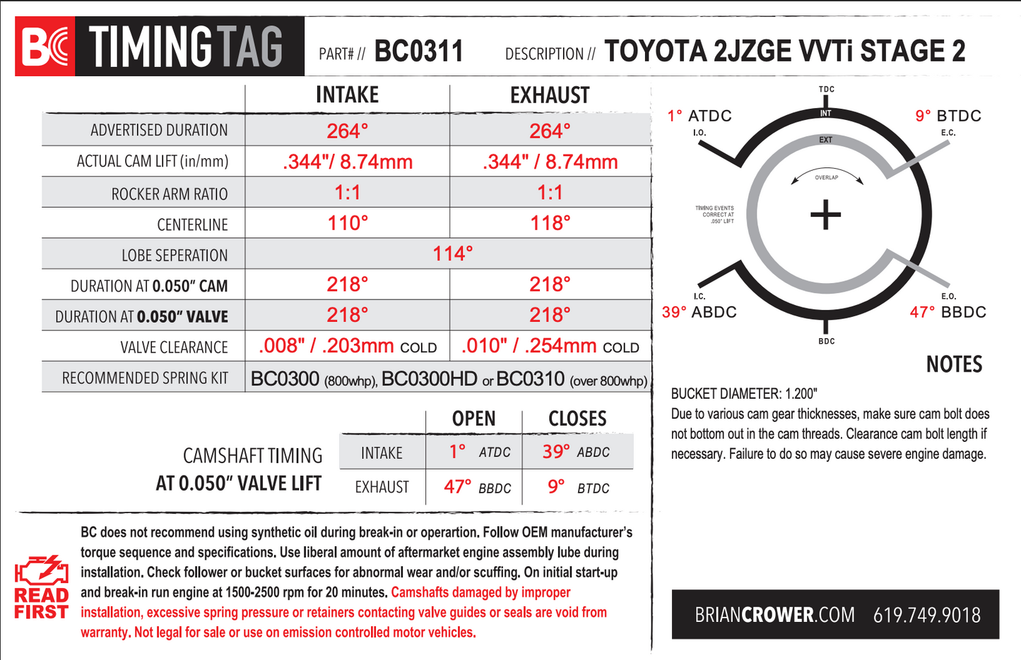 BC0311 - Toyota 2JZGE w/VVTi Stage 2 Camshafts - Street/Strip Spec