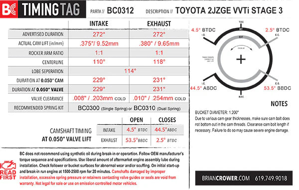 BC0312 - Toyota 2JZGE w/VVTi Stage 3 Camshafts - Race Spec